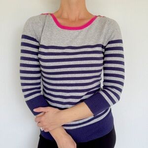 Island Republic navy gray stripe pink button boat neck 3/4 sleeve sweater medium